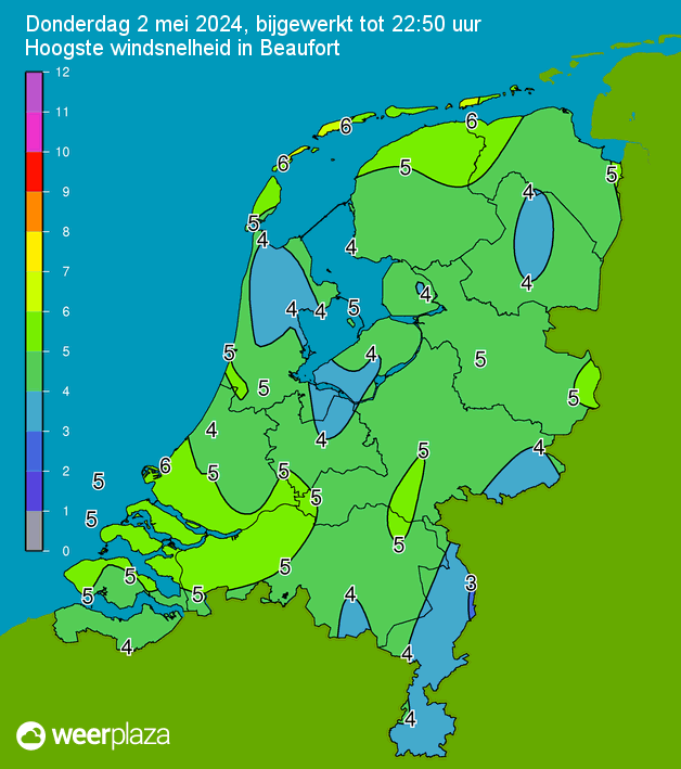 Klik voor hoogste windsnelheid in beaufort in Nederland
