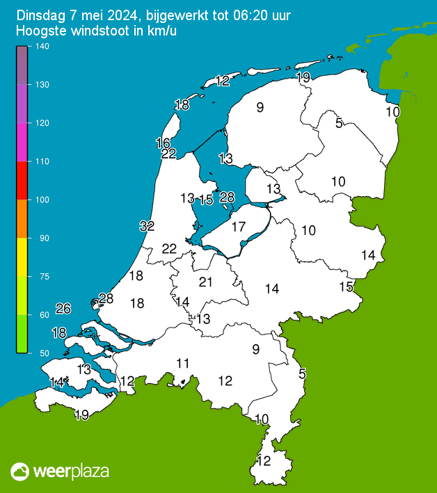 Klik voor hoogste windstoten in Km/u in Nederland